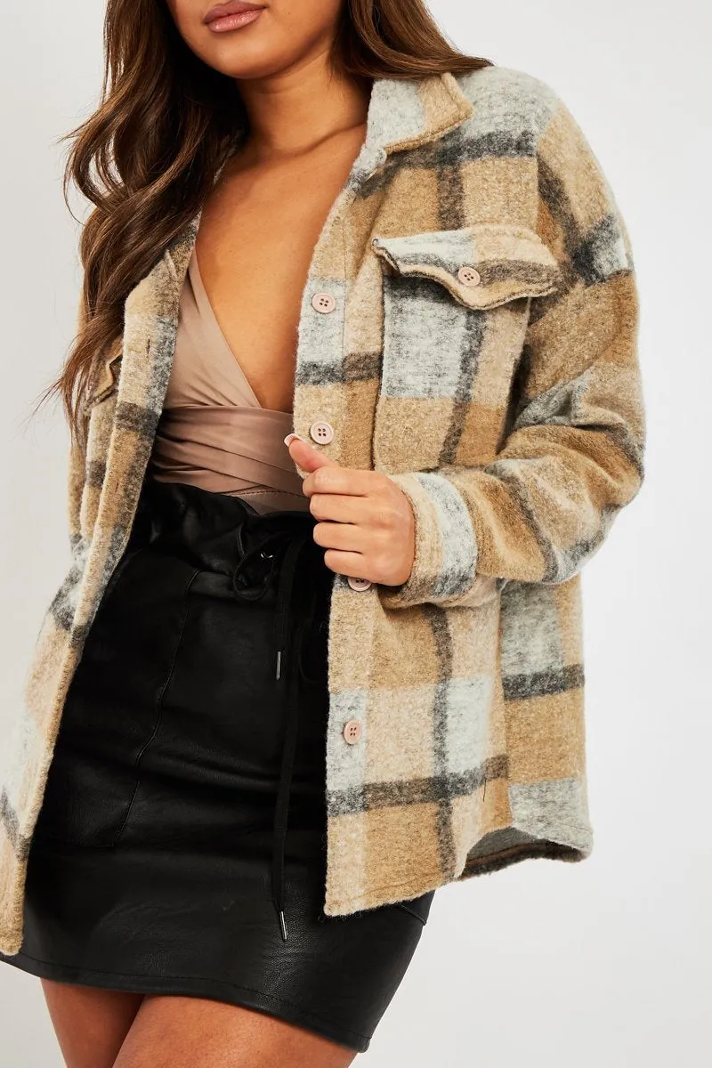 Camel Check Oversized Wool Blend Shacket - Diora
