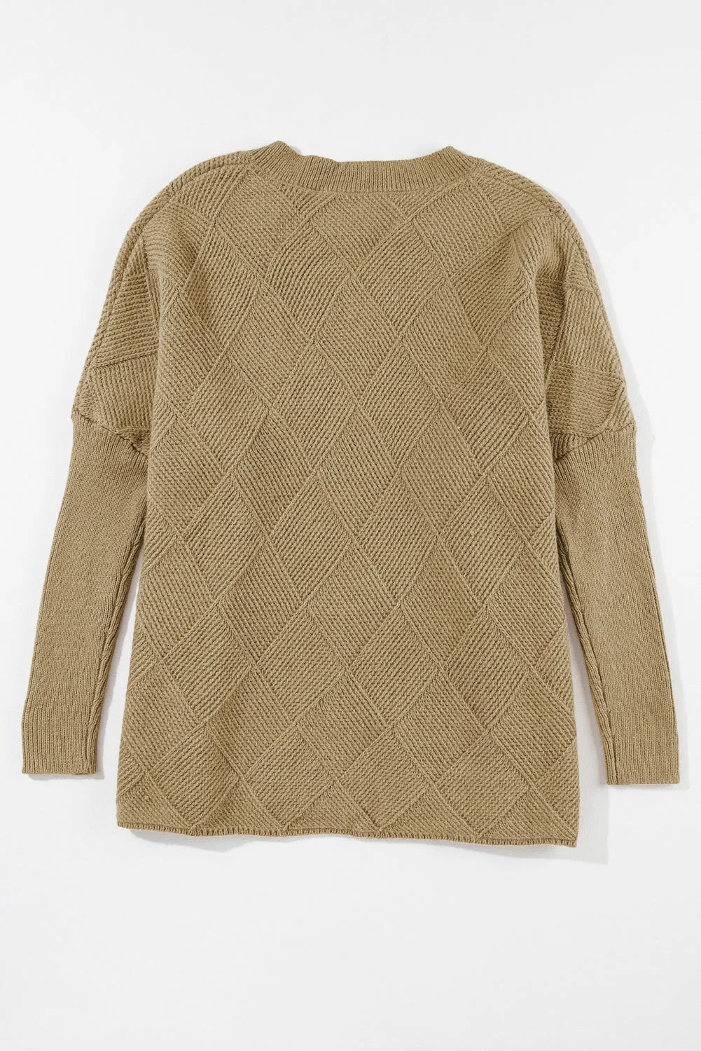 Camel Checkered Textured Batwing Sleeve Sweater