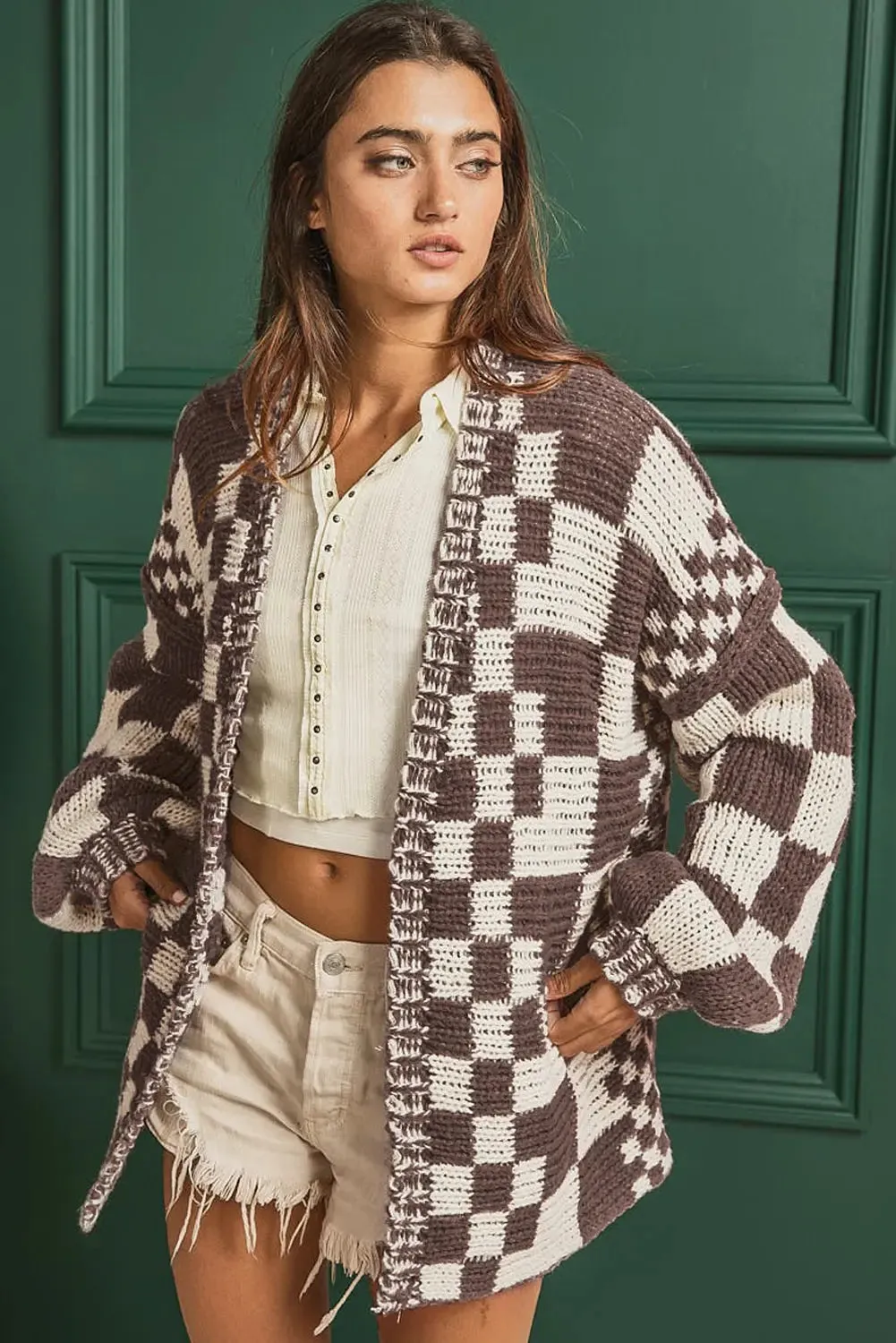'Celandine' Checkered Drop Shoulder Cardigan