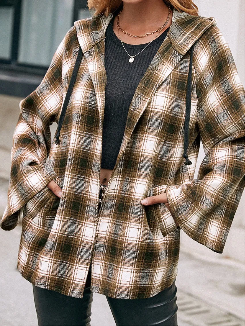 Christine Pocketed Plaid Long Sleeve Hooded Jacket