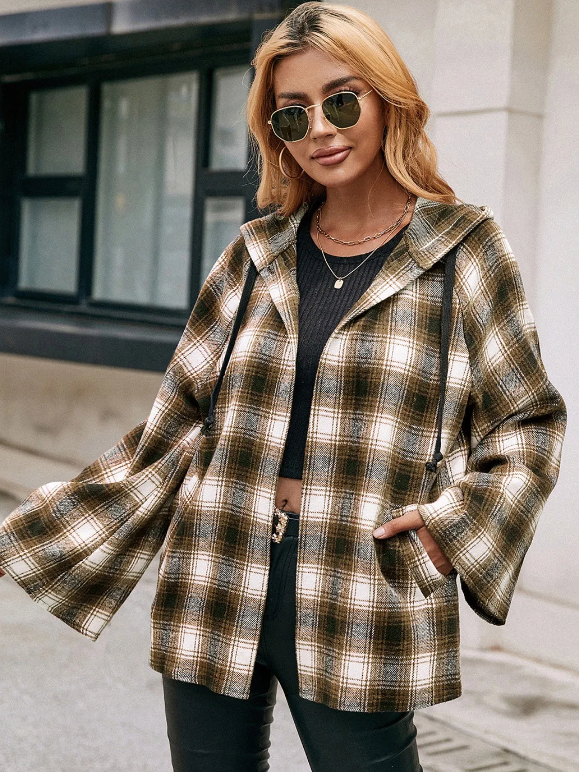 Christine Pocketed Plaid Long Sleeve Hooded Jacket