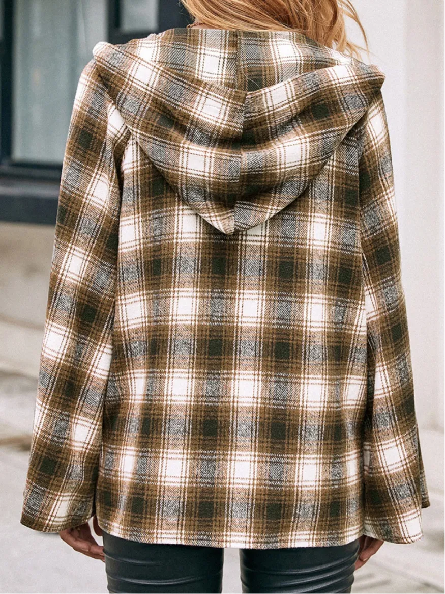 Christine Pocketed Plaid Long Sleeve Hooded Jacket