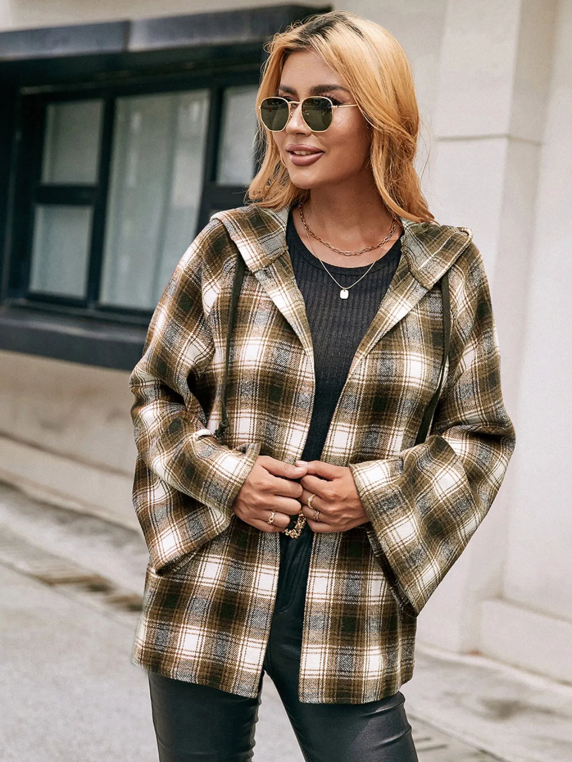 Christine Pocketed Plaid Long Sleeve Hooded Jacket