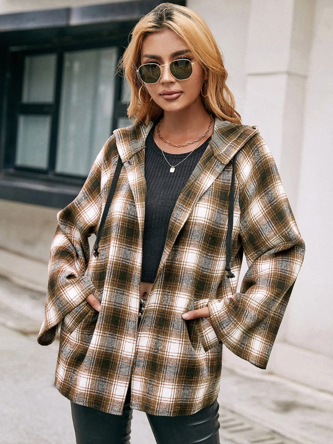 Christine Pocketed Plaid Long Sleeve Hooded Jacket