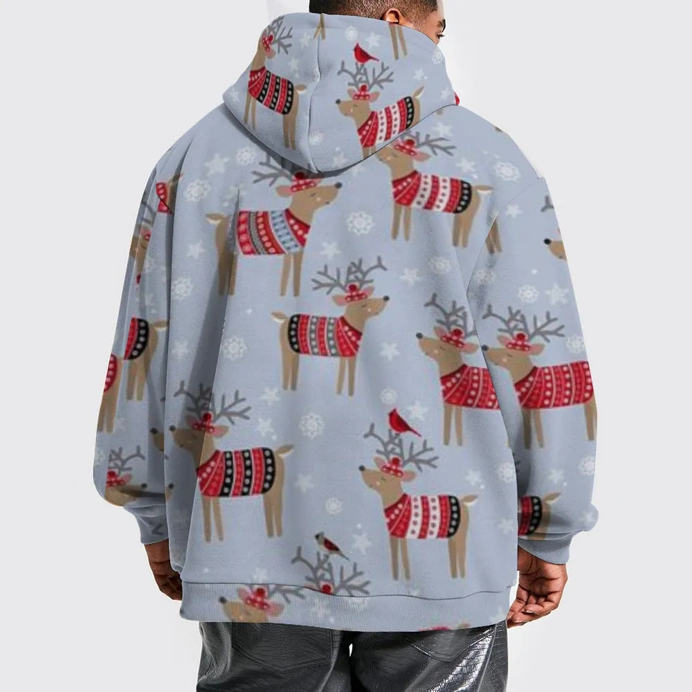 Christmas Reindeer Graphic Pullover With Kangaroo Pocket Hoodies