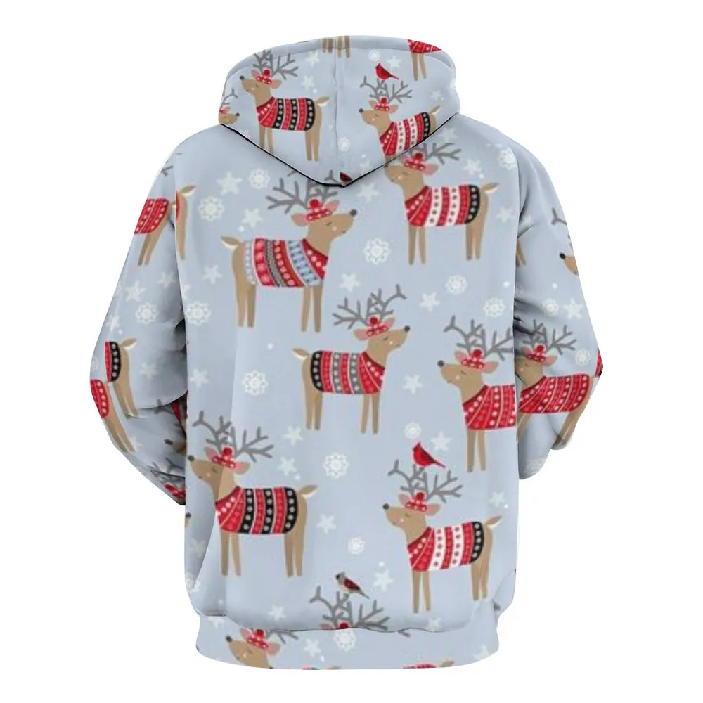 Christmas Reindeer Graphic Pullover With Kangaroo Pocket Hoodies