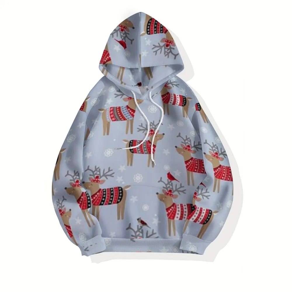 Christmas Reindeer Graphic Pullover With Kangaroo Pocket Hoodies