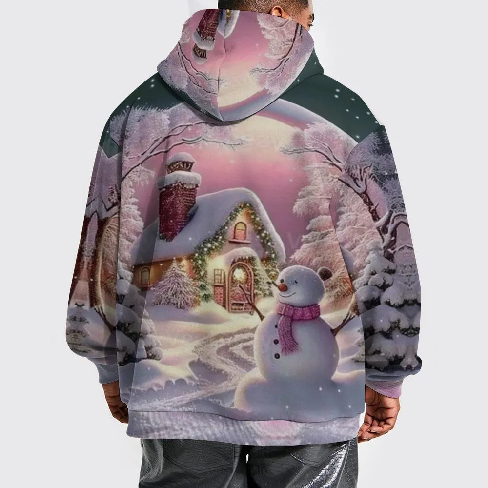 Christmas Winter Snow House Graphic Pullover With Kangaroo Pocket Hoodies