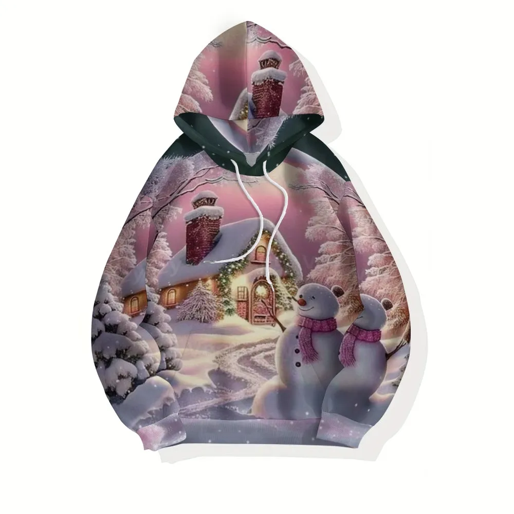 Christmas Winter Snow House Graphic Pullover With Kangaroo Pocket Hoodies