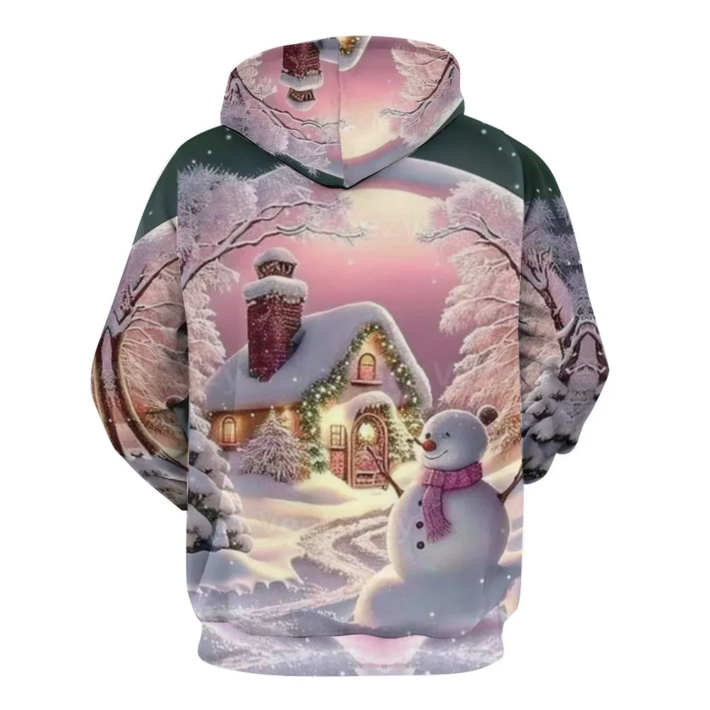 Christmas Winter Snow House Graphic Pullover With Kangaroo Pocket Hoodies