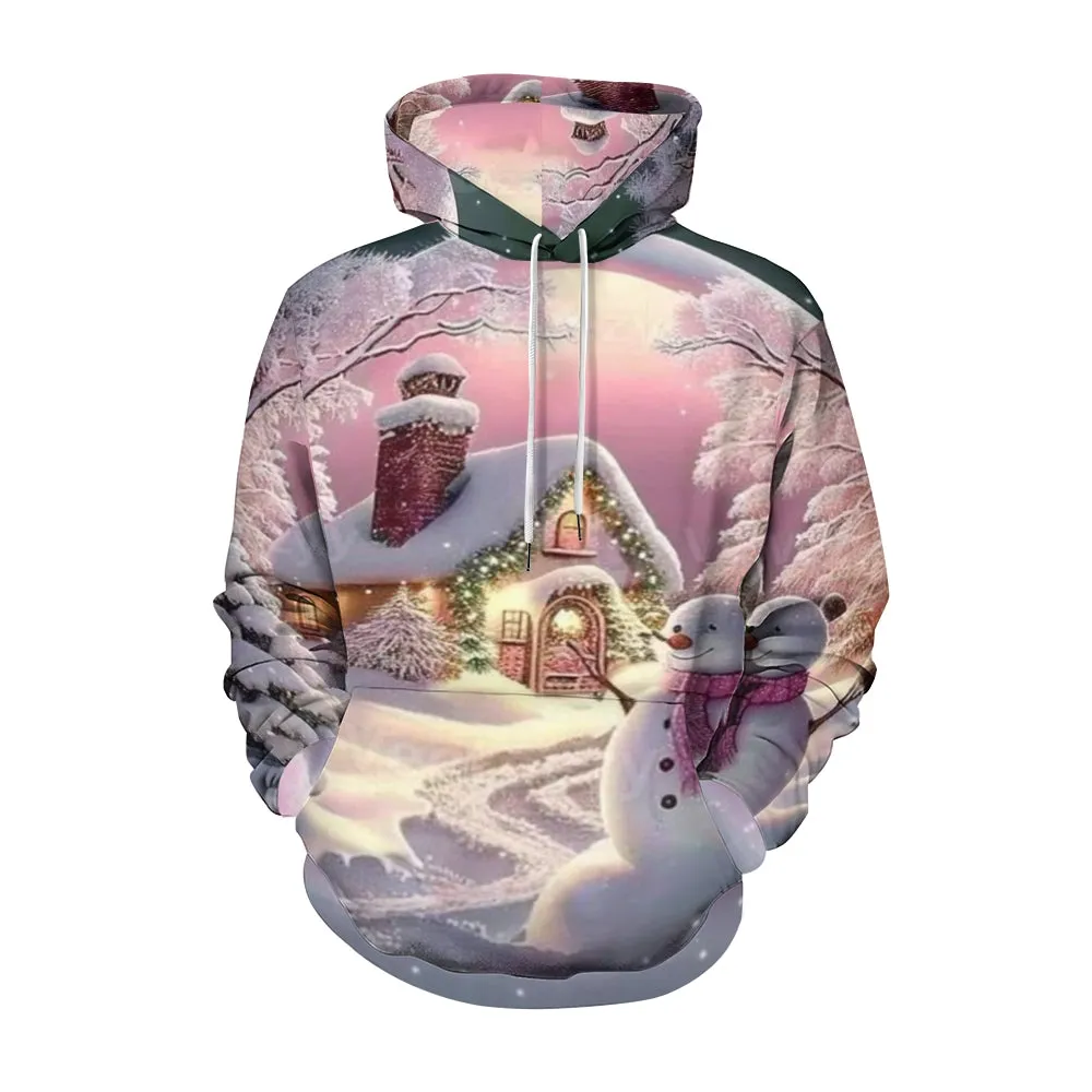 Christmas Winter Snow House Graphic Pullover With Kangaroo Pocket Hoodies