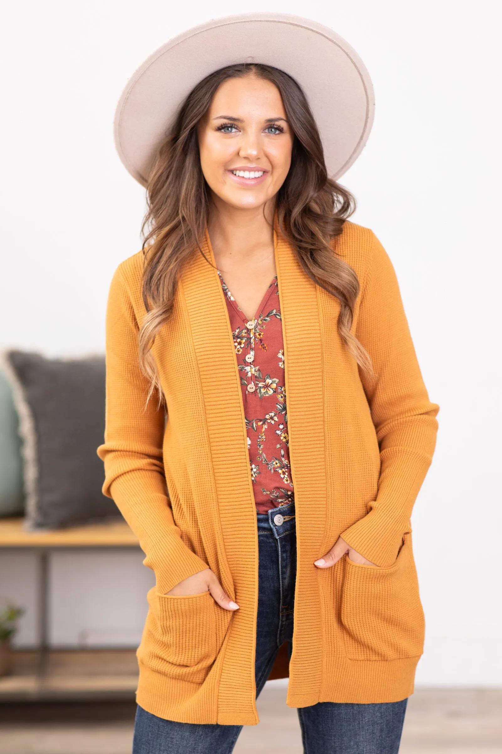 Cinnamon Ribbed Trim Cardigan With Pockets