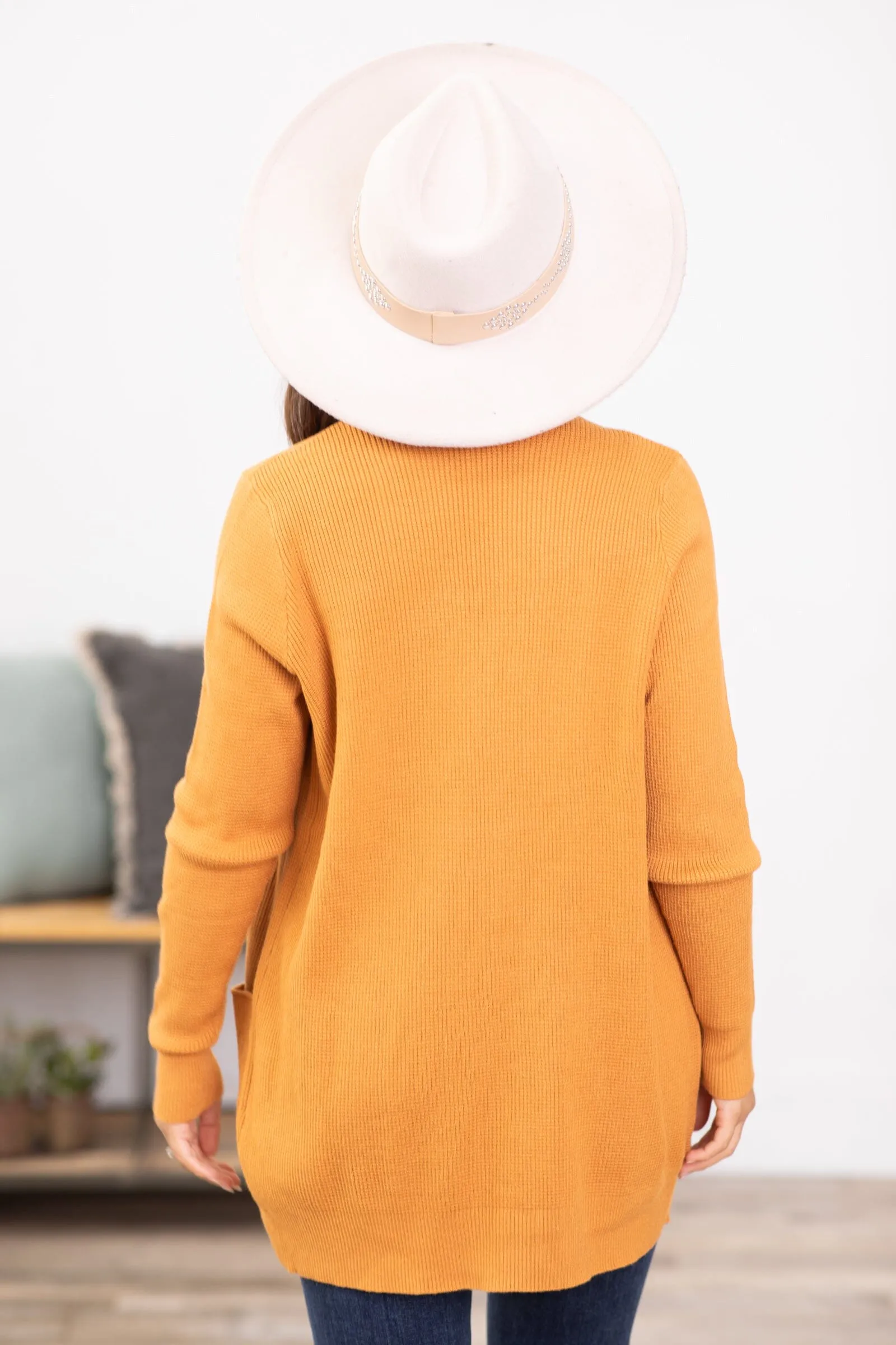 Cinnamon Ribbed Trim Cardigan With Pockets