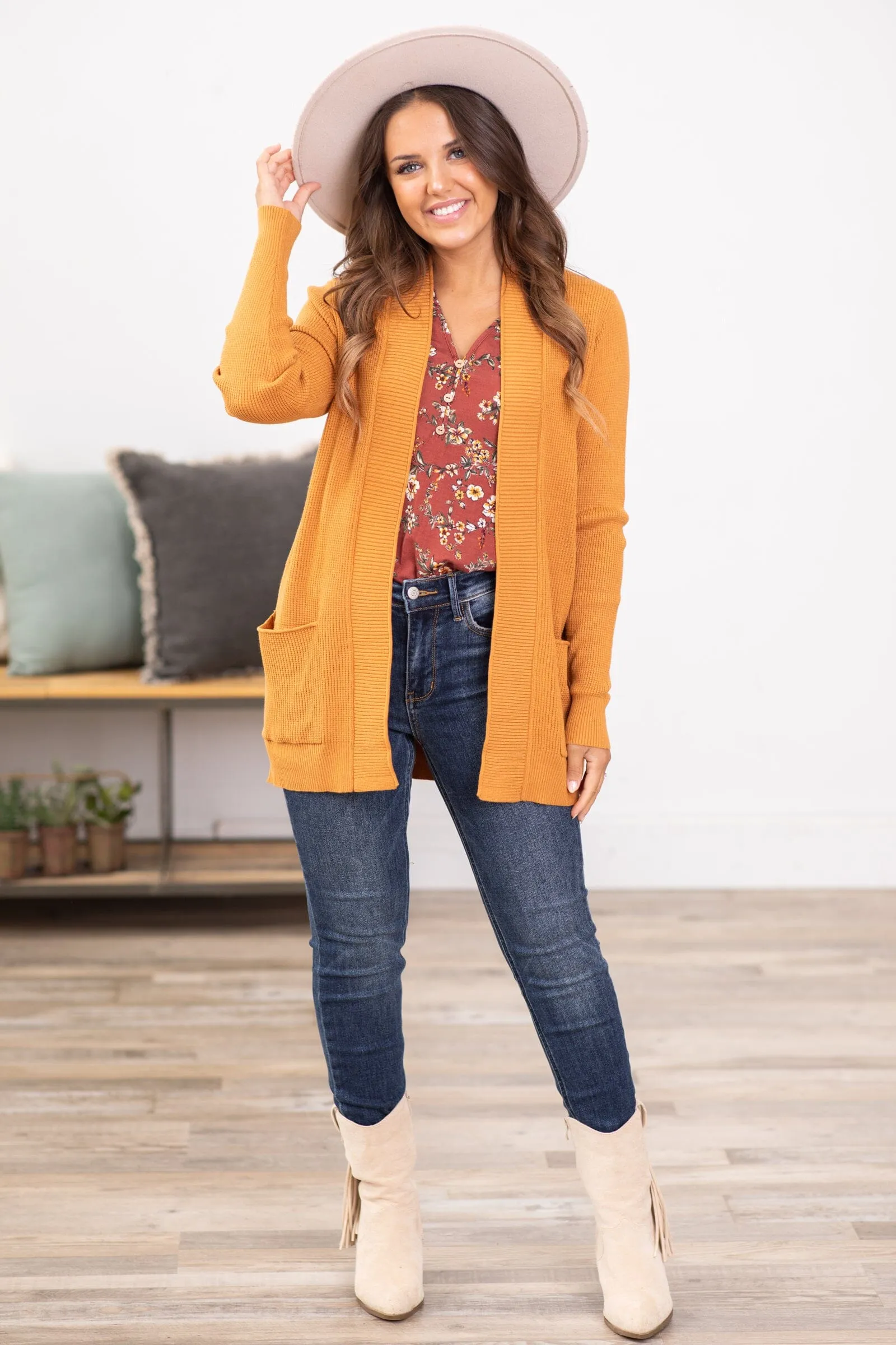 Cinnamon Ribbed Trim Cardigan With Pockets