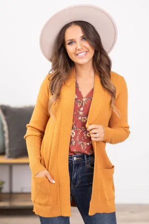 Cinnamon Ribbed Trim Cardigan With Pockets