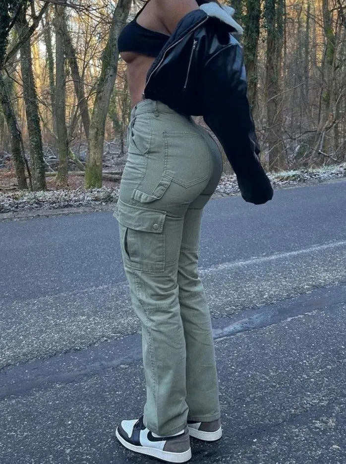 CityHottie - Khaki Cargo Pants Jeans Women High Waist Slim Fashion Streetwear ArmyGreen Big Pockets Y2k Vintage Baggy Denim Trousers Overalls