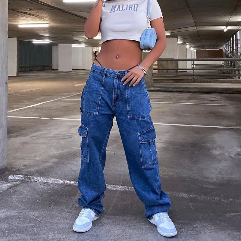 CityHottie - Y2k Cargo Pants Women's Jeans New Fashion Baggy Jeans Denim Overalls 90s Low Rise Pocket Straight Leg Trousers Streetwear