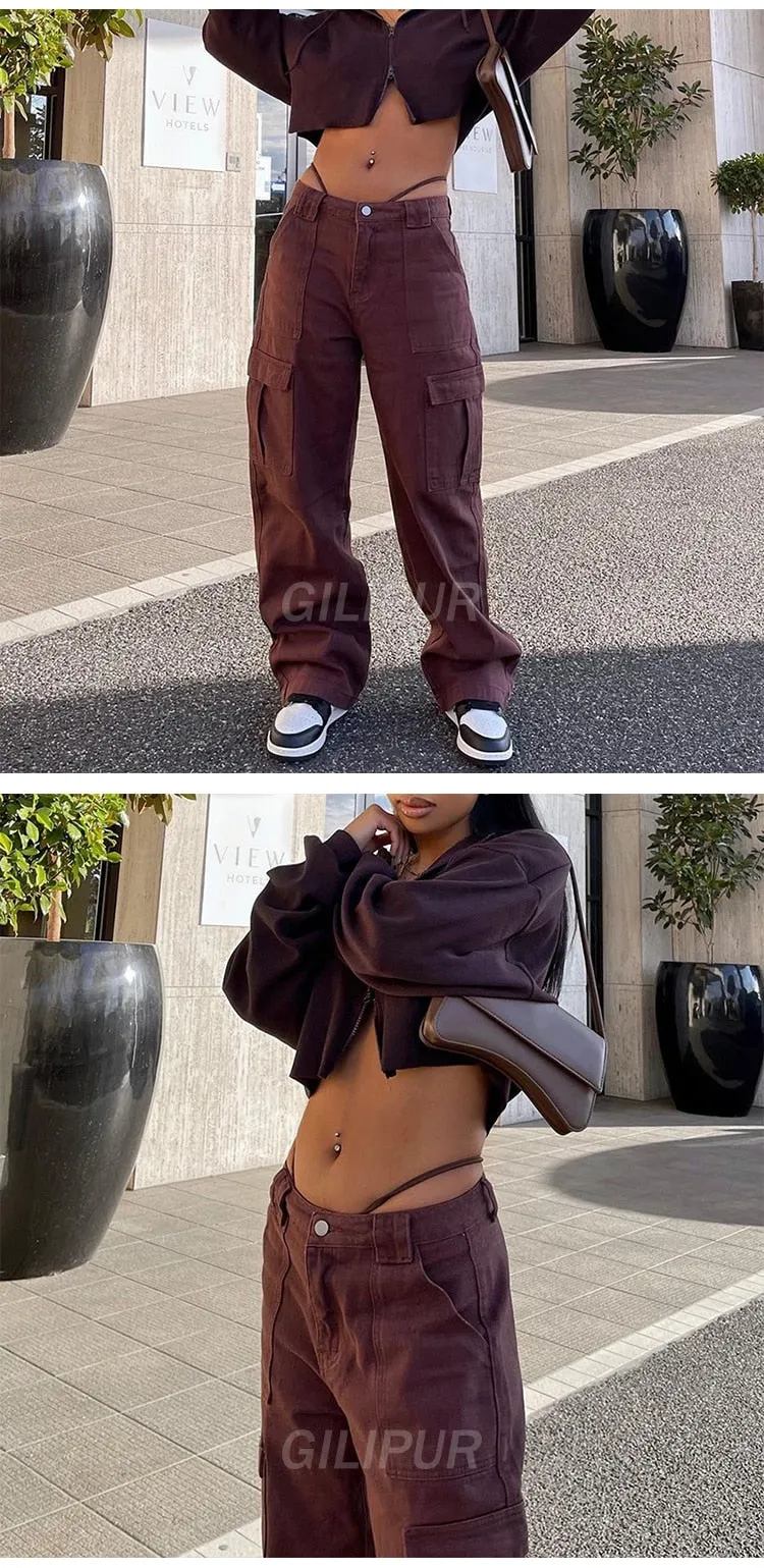 CityHottie - Y2k Cargo Pants Women's Jeans New Fashion Baggy Jeans Denim Overalls 90s Low Rise Pocket Straight Leg Trousers Streetwear