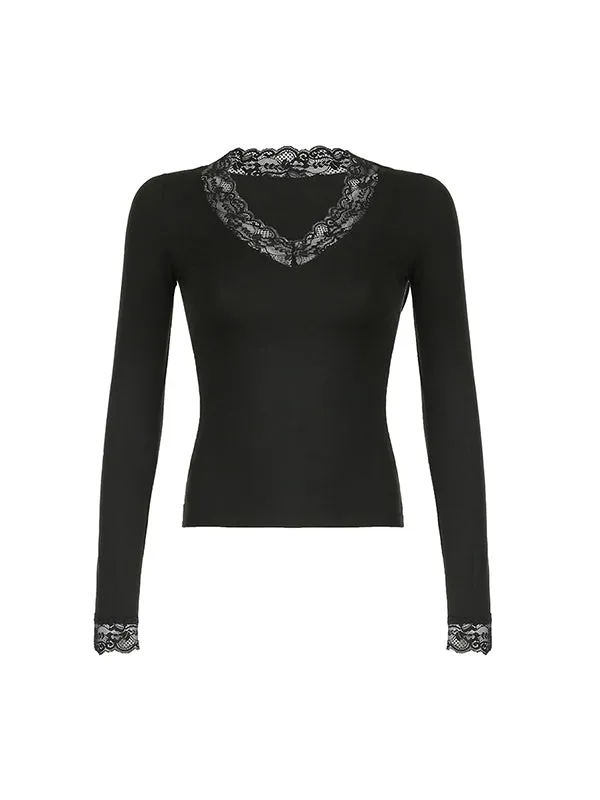 Classic black long sleeve shirt with V neck and lace embroidery