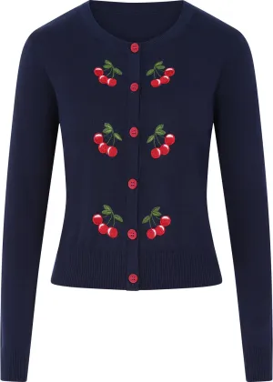 Collectif Jessie 50's Cherries Cardigan Navy Blue