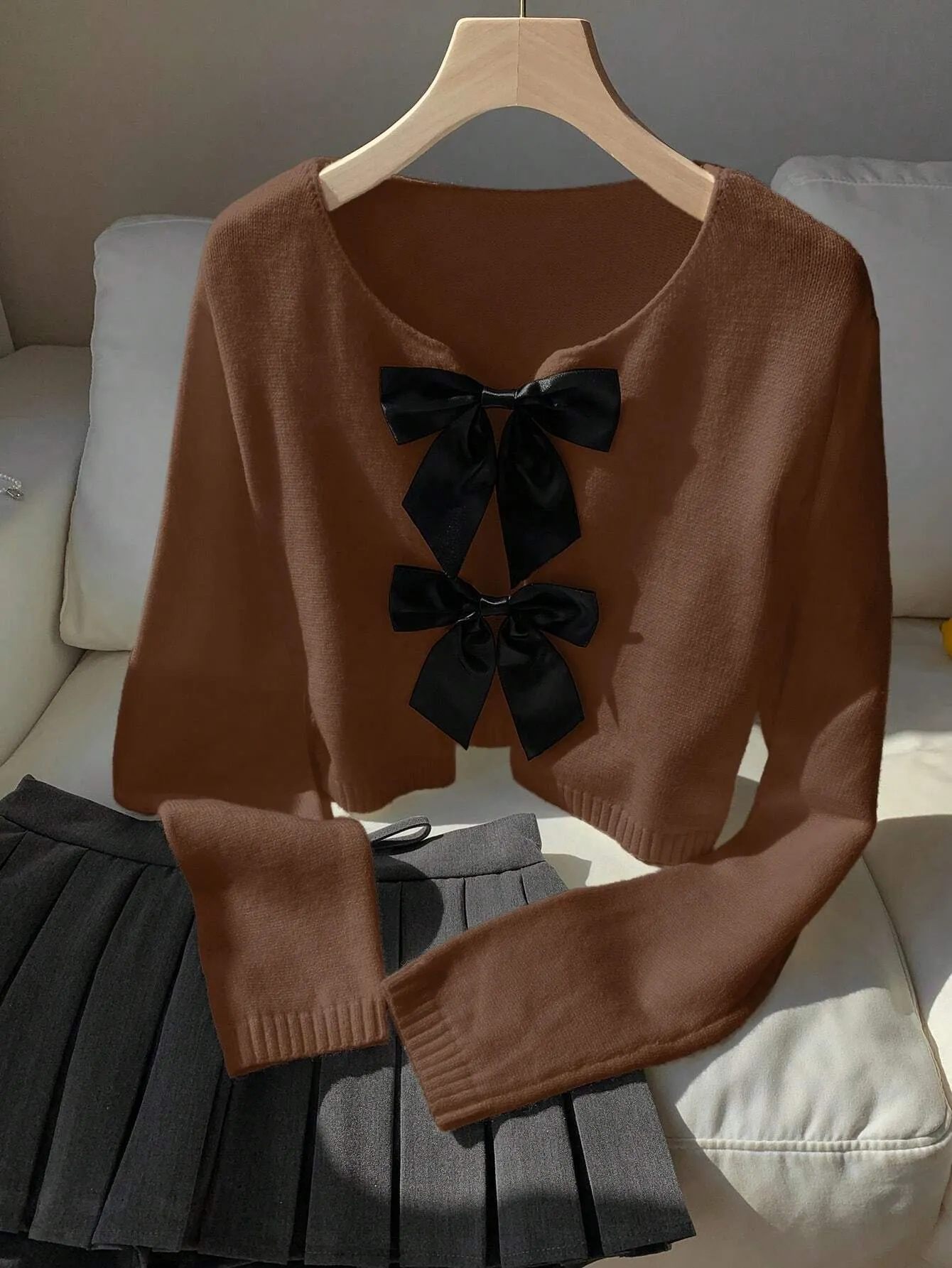 Comfortcana Casual Bow Tie Up Leopard Print Cropped Sweater