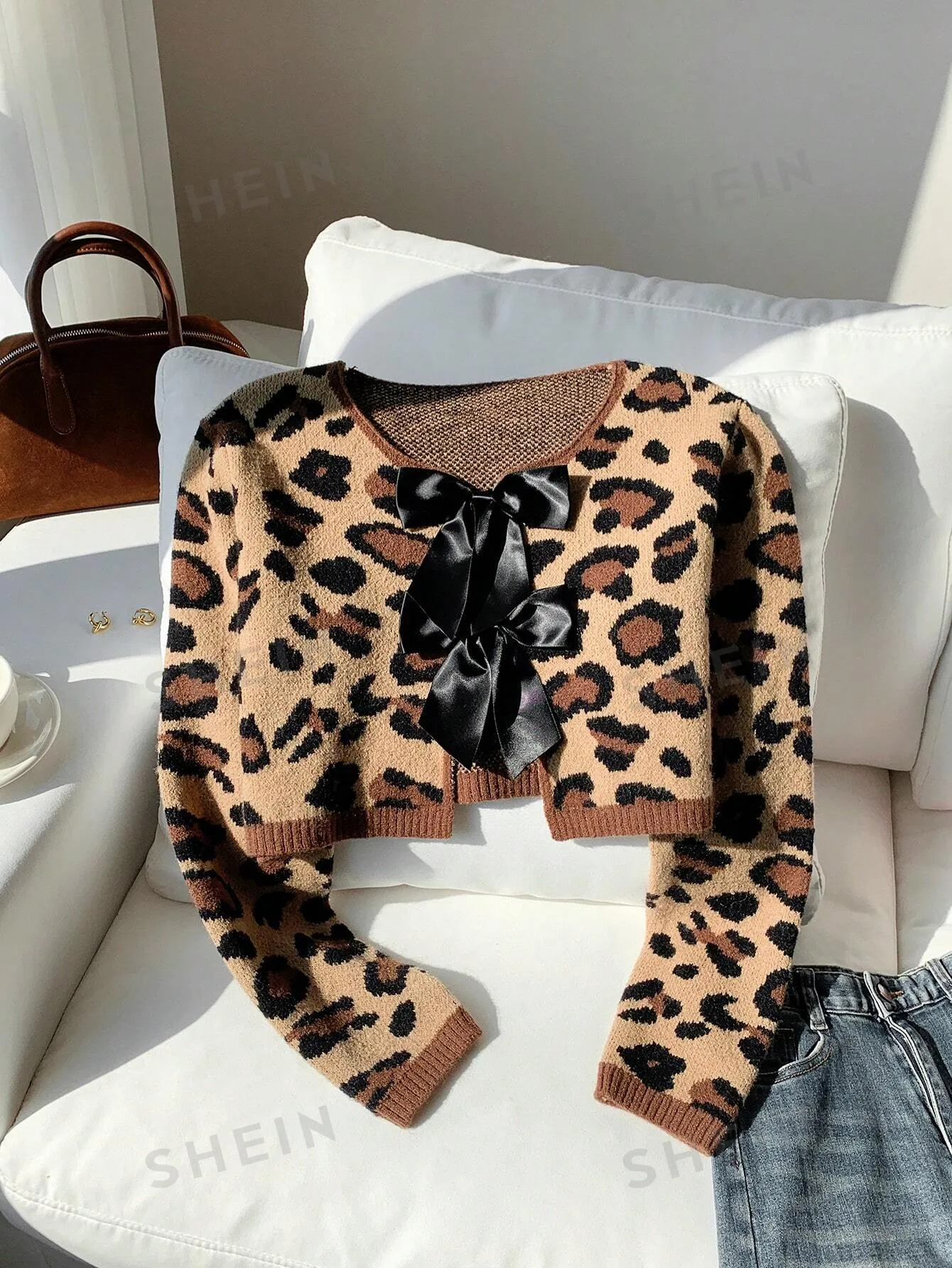 Comfortcana Casual Bow Tie Up Leopard Print Cropped Sweater