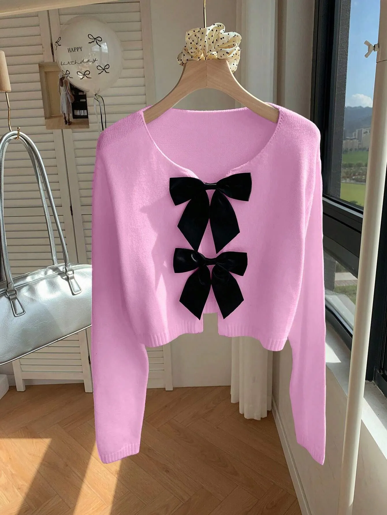 Comfortcana Casual Bow Tie Up Leopard Print Cropped Sweater