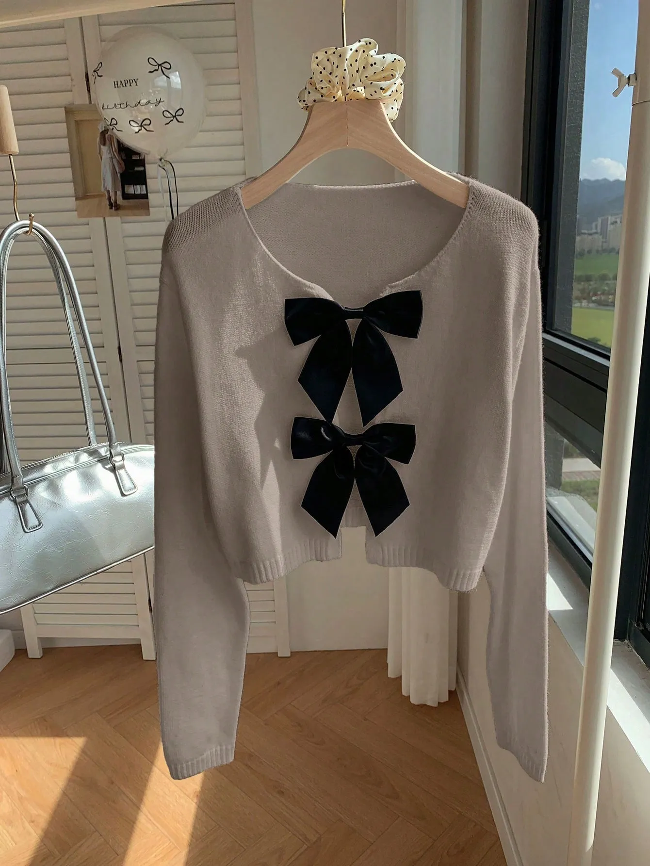 Comfortcana Casual Bow Tie Up Leopard Print Cropped Sweater