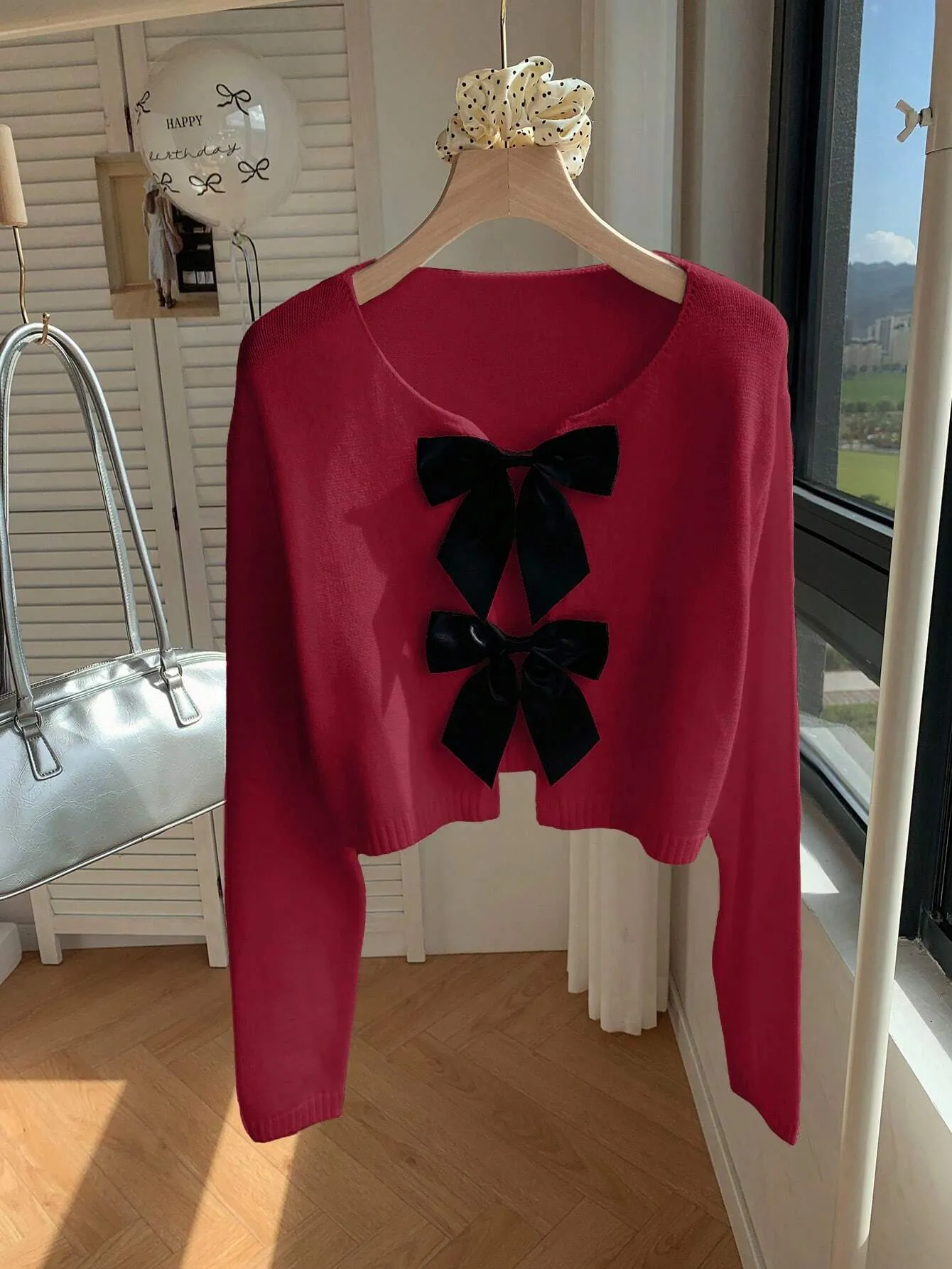 Comfortcana Casual Bow Tie Up Leopard Print Cropped Sweater
