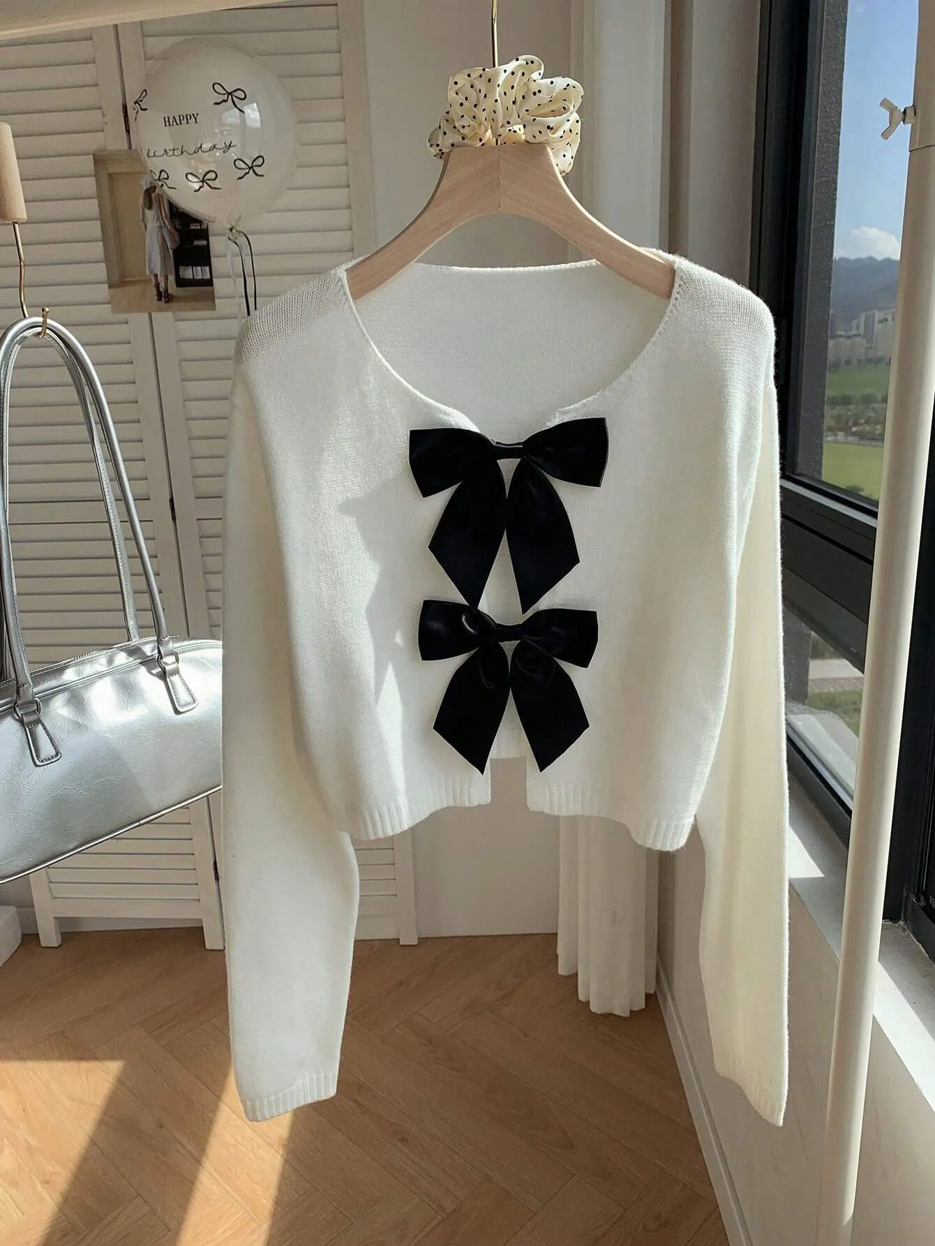 Comfortcana Casual Bow Tie Up Leopard Print Cropped Sweater