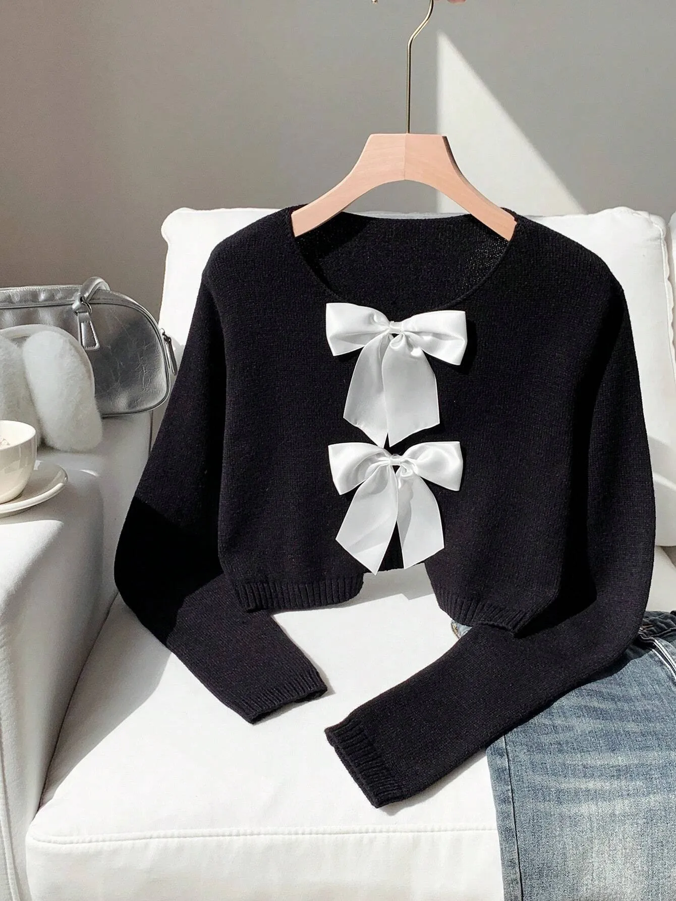 Comfortcana Casual Bow Tie Up Leopard Print Cropped Sweater