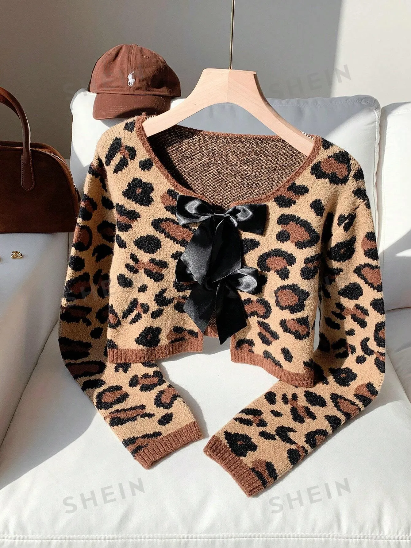 Comfortcana Casual Bow Tie Up Leopard Print Cropped Sweater