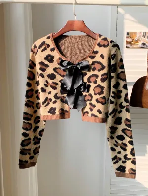 Comfortcana Casual Bow Tie Up Leopard Print Cropped Sweater