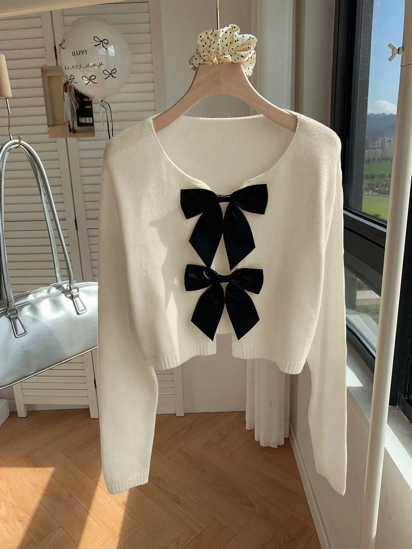 Comfortcana Casual Bow Tie Up Leopard Print Cropped Sweater