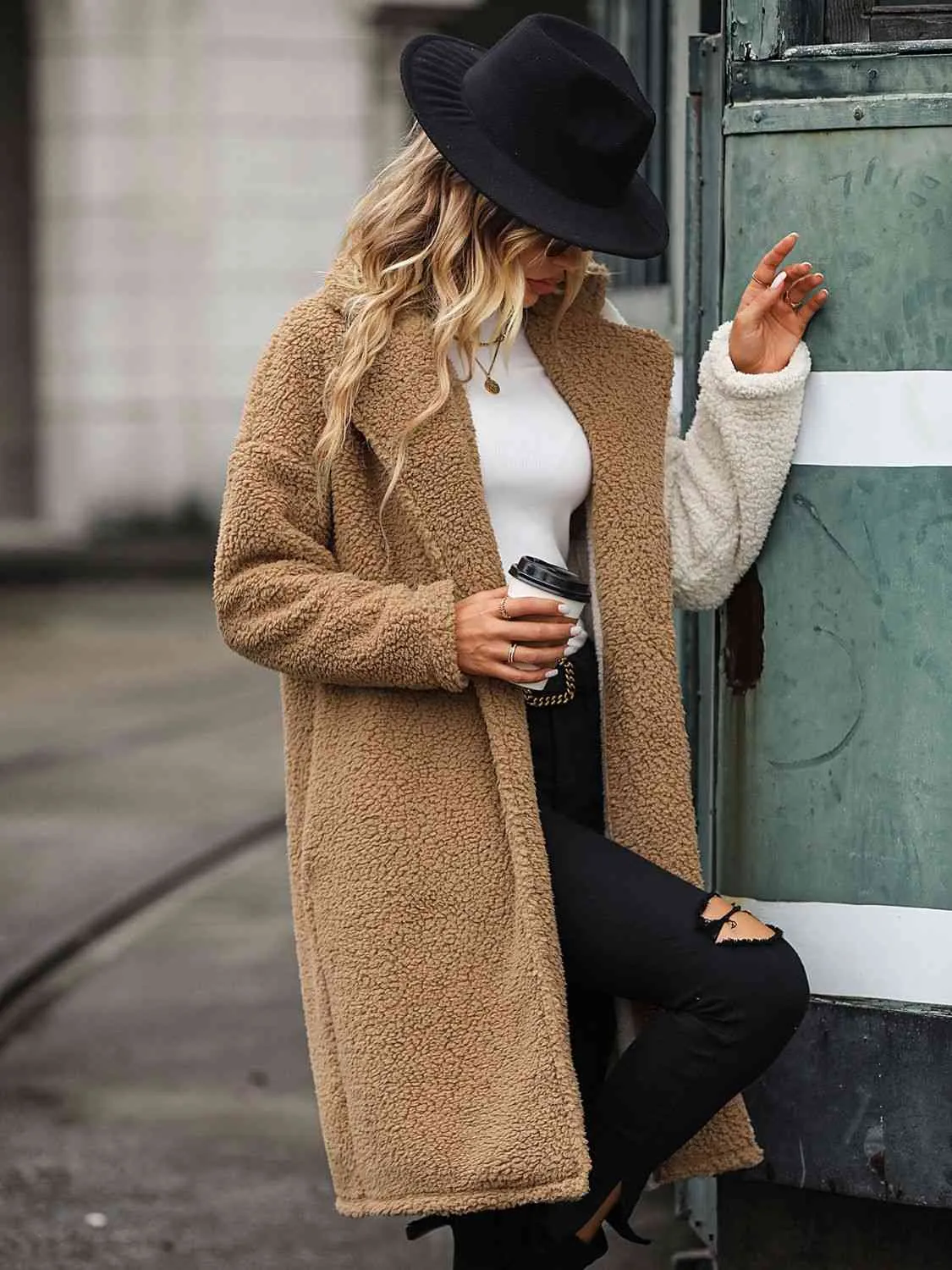 Contrast Color Dropped Shoulder Sherpa Coat