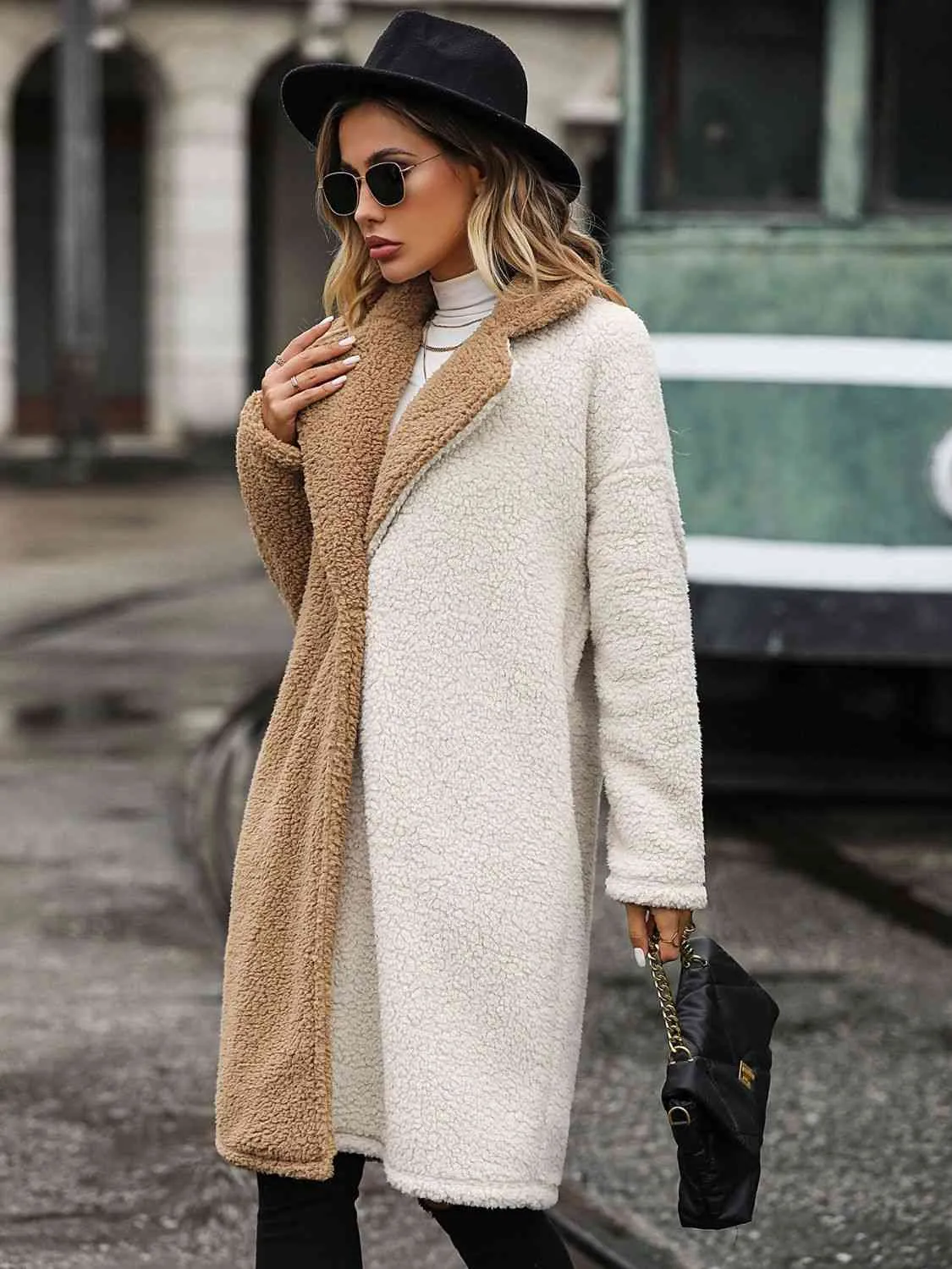 Contrast Color Dropped Shoulder Sherpa Coat