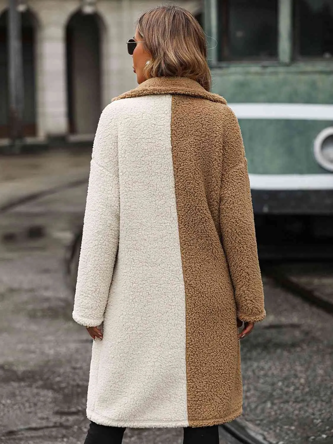 Contrast Color Dropped Shoulder Sherpa Coat