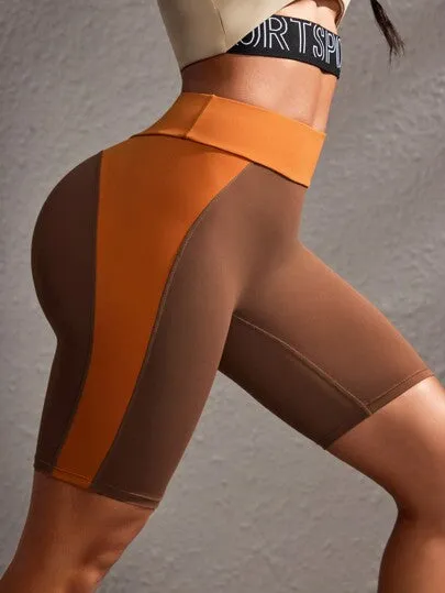 Contrast Color Stitching High-Waist Seamless Sports Shorts – Stretchy & Breathable