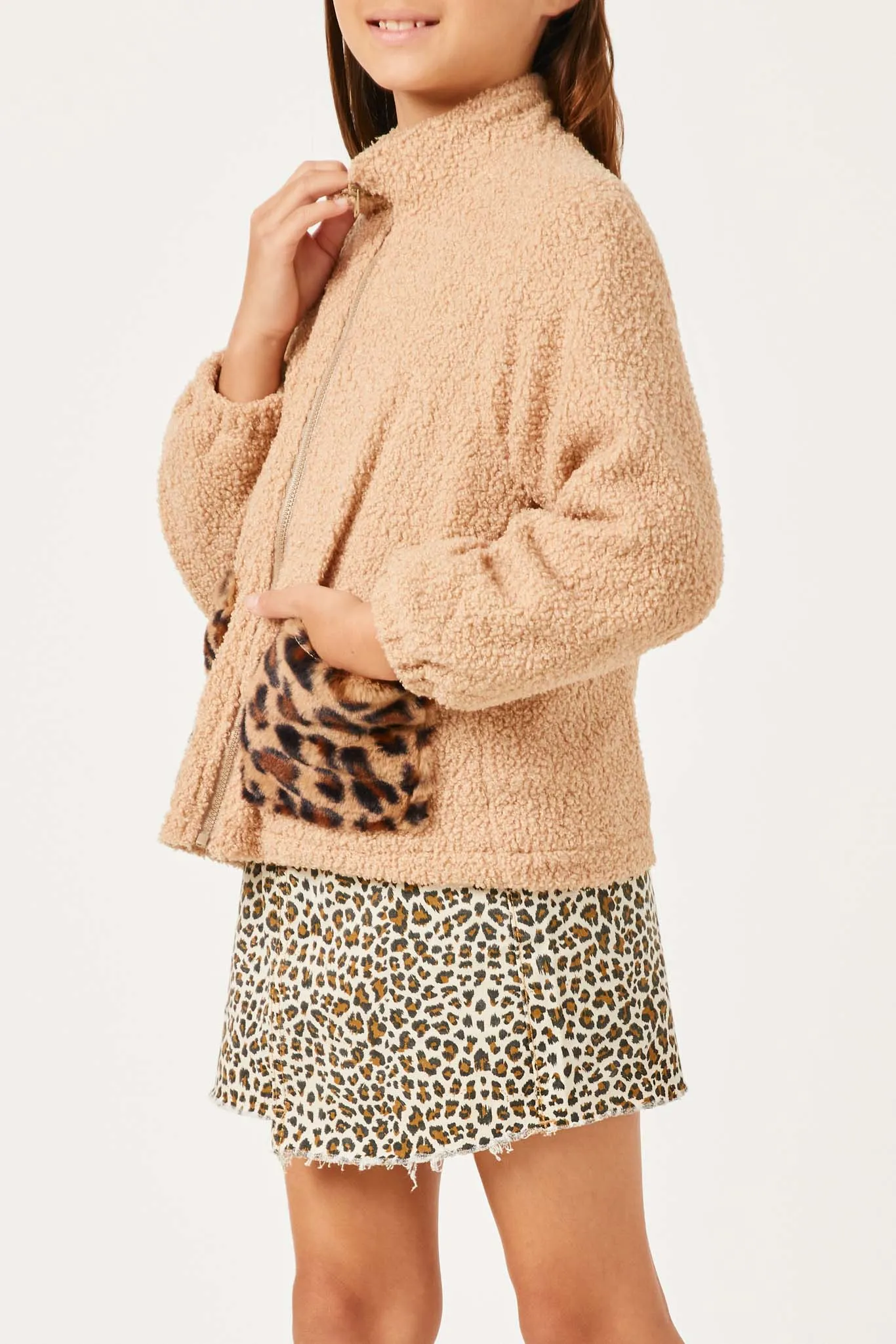 Contrast Leopard Pocket Fleece Zip Up Jacket