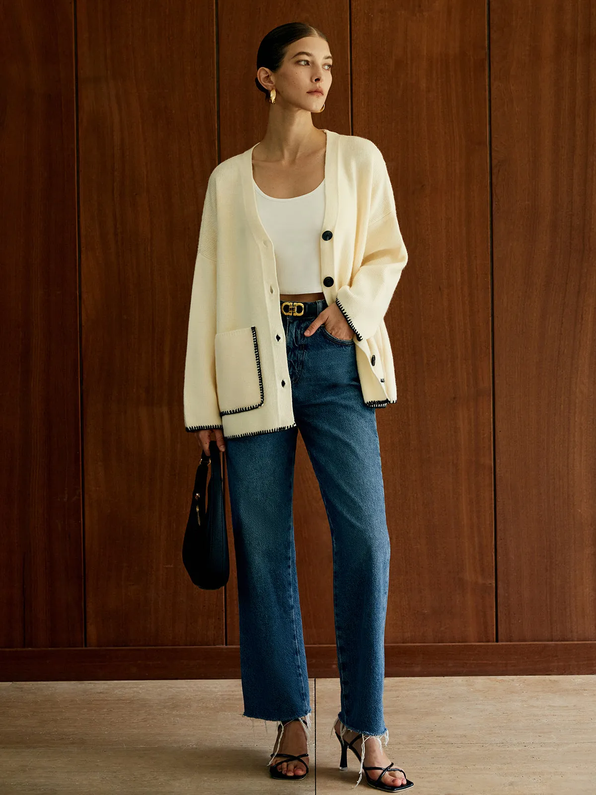 Contrast Trim Pockets Cardigan