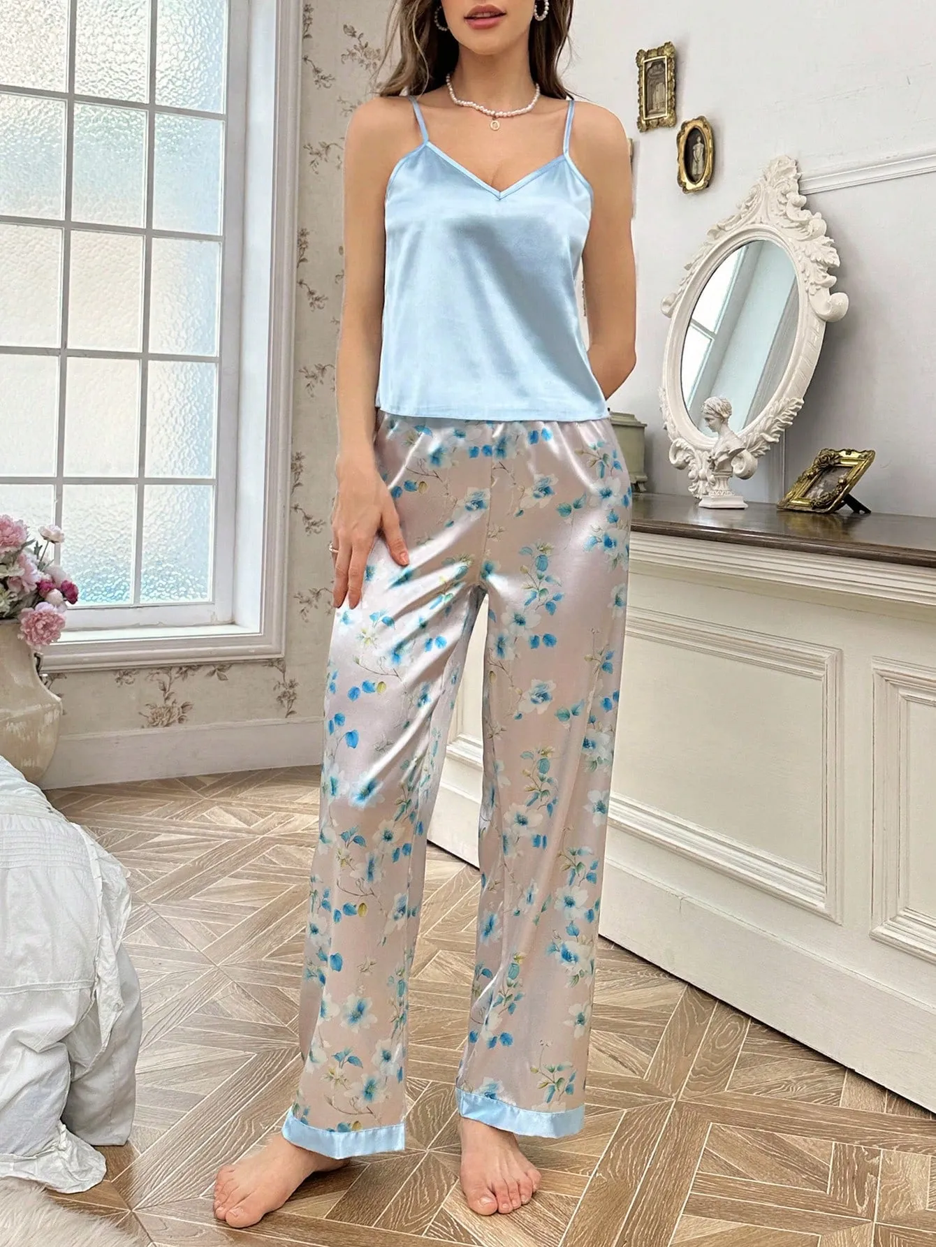 CottageSlumber 3pcs Contrast Floral Print Satin Camisole Pants And Robe Pajamas Set