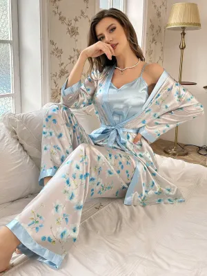 CottageSlumber 3pcs Contrast Floral Print Satin Camisole Pants And Robe Pajamas Set