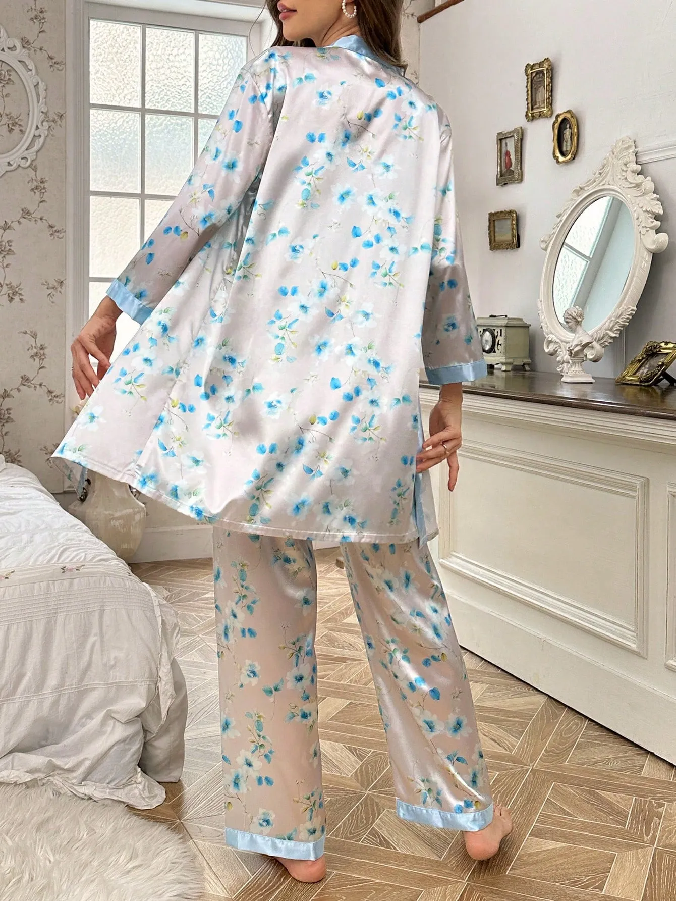 CottageSlumber 3pcs Contrast Floral Print Satin Camisole Pants And Robe Pajamas Set