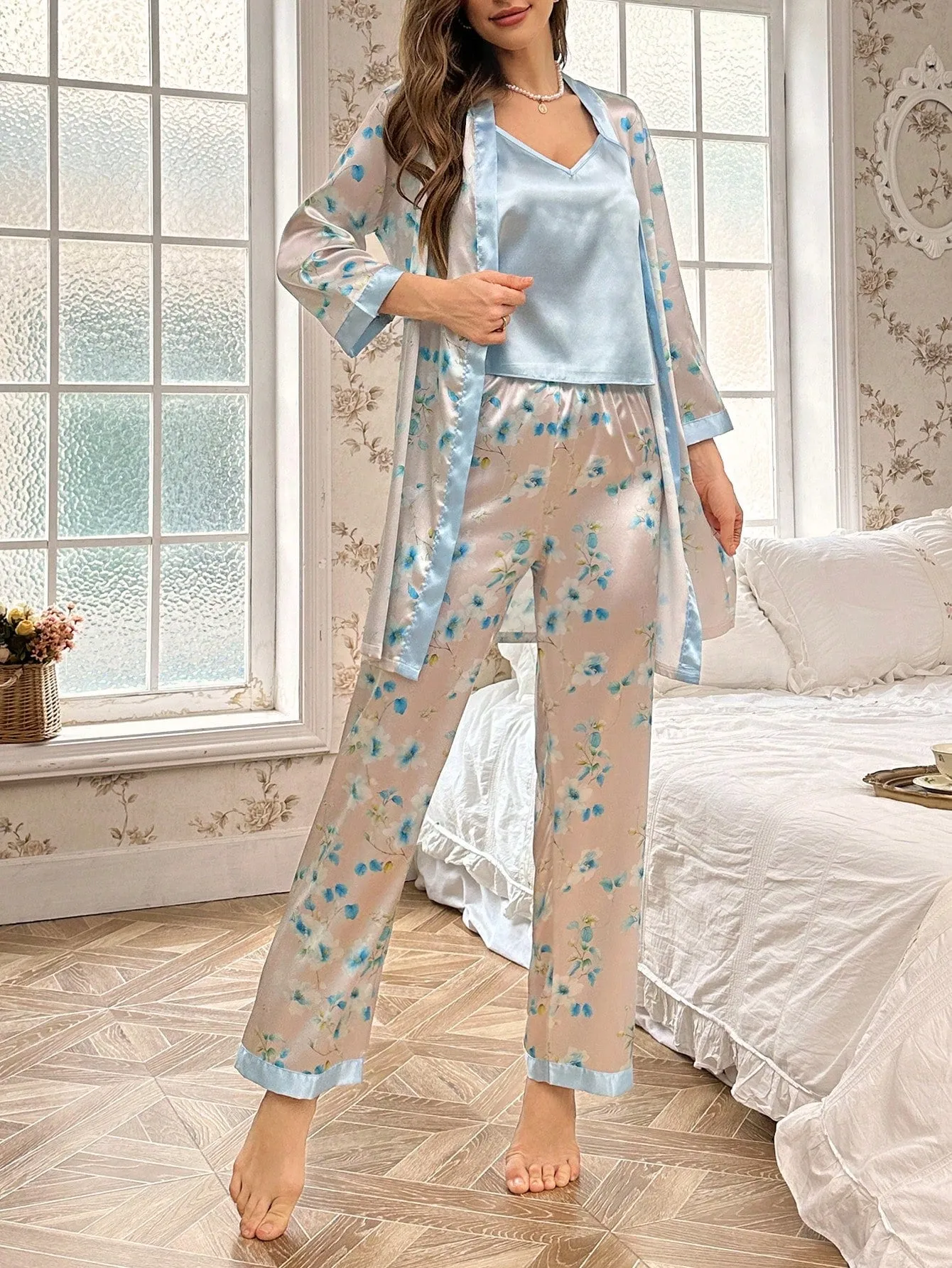 CottageSlumber 3pcs Contrast Floral Print Satin Camisole Pants And Robe Pajamas Set