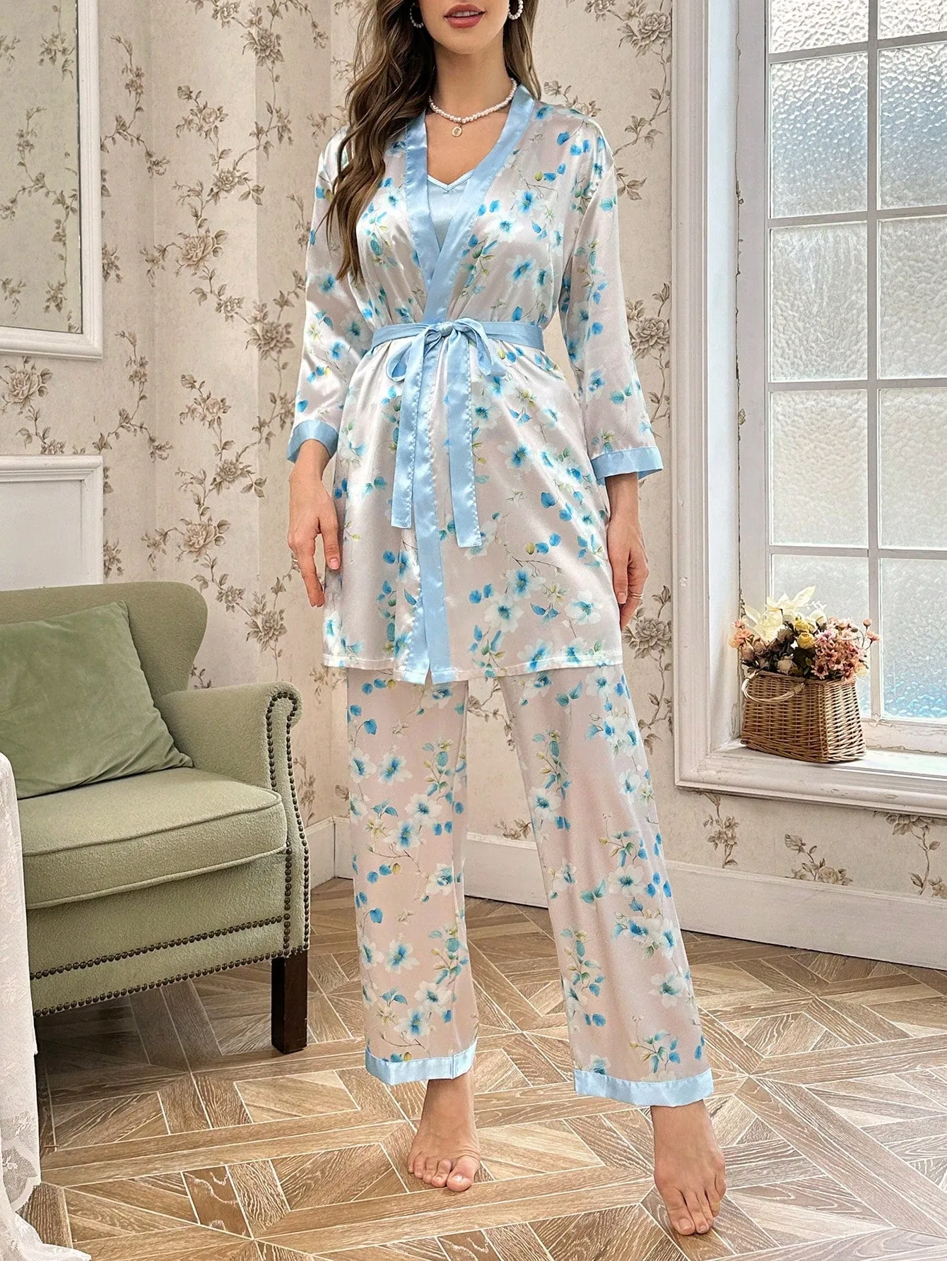 CottageSlumber 3pcs Contrast Floral Print Satin Camisole Pants And Robe Pajamas Set