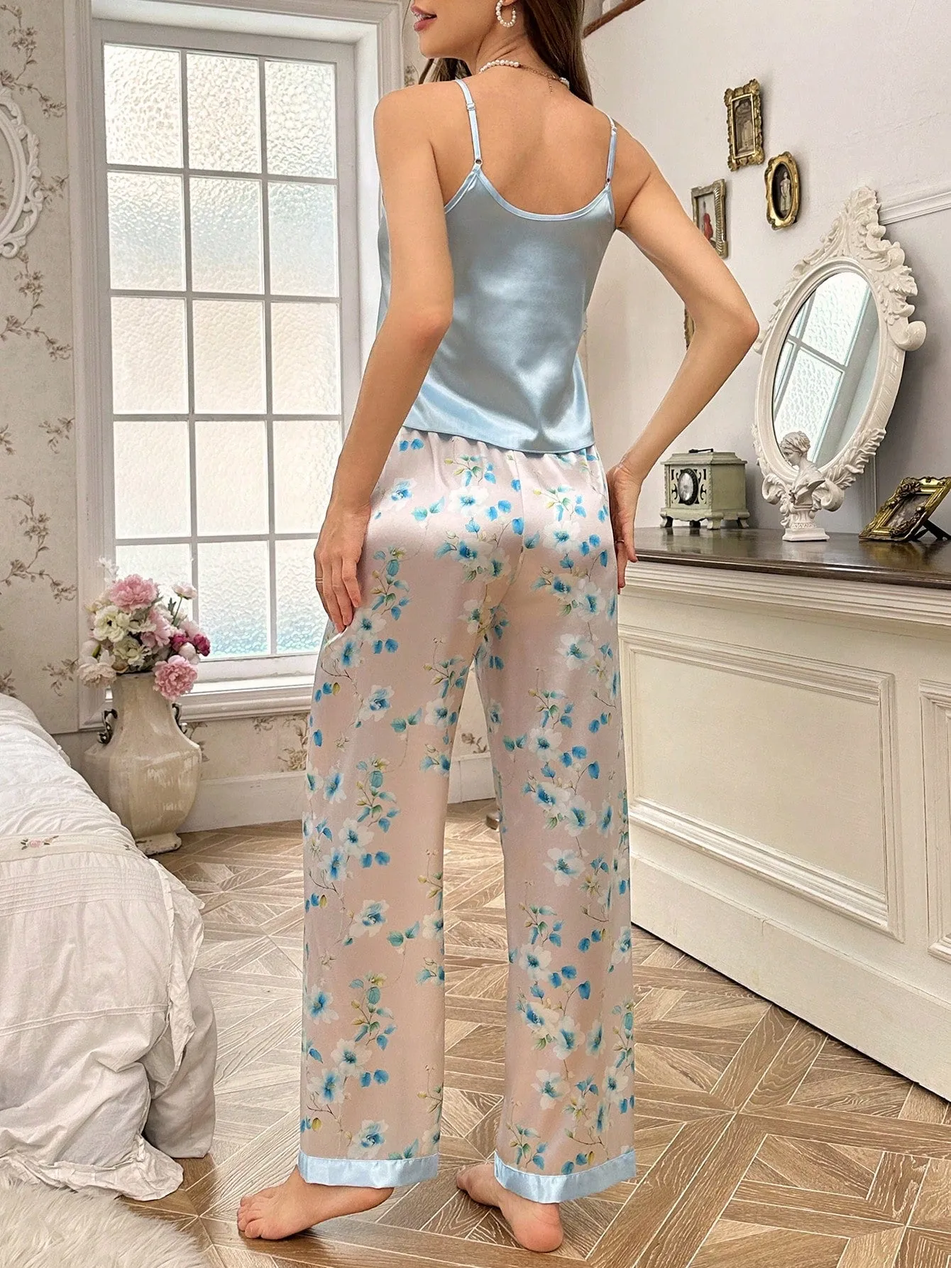 CottageSlumber 3pcs Contrast Floral Print Satin Camisole Pants And Robe Pajamas Set