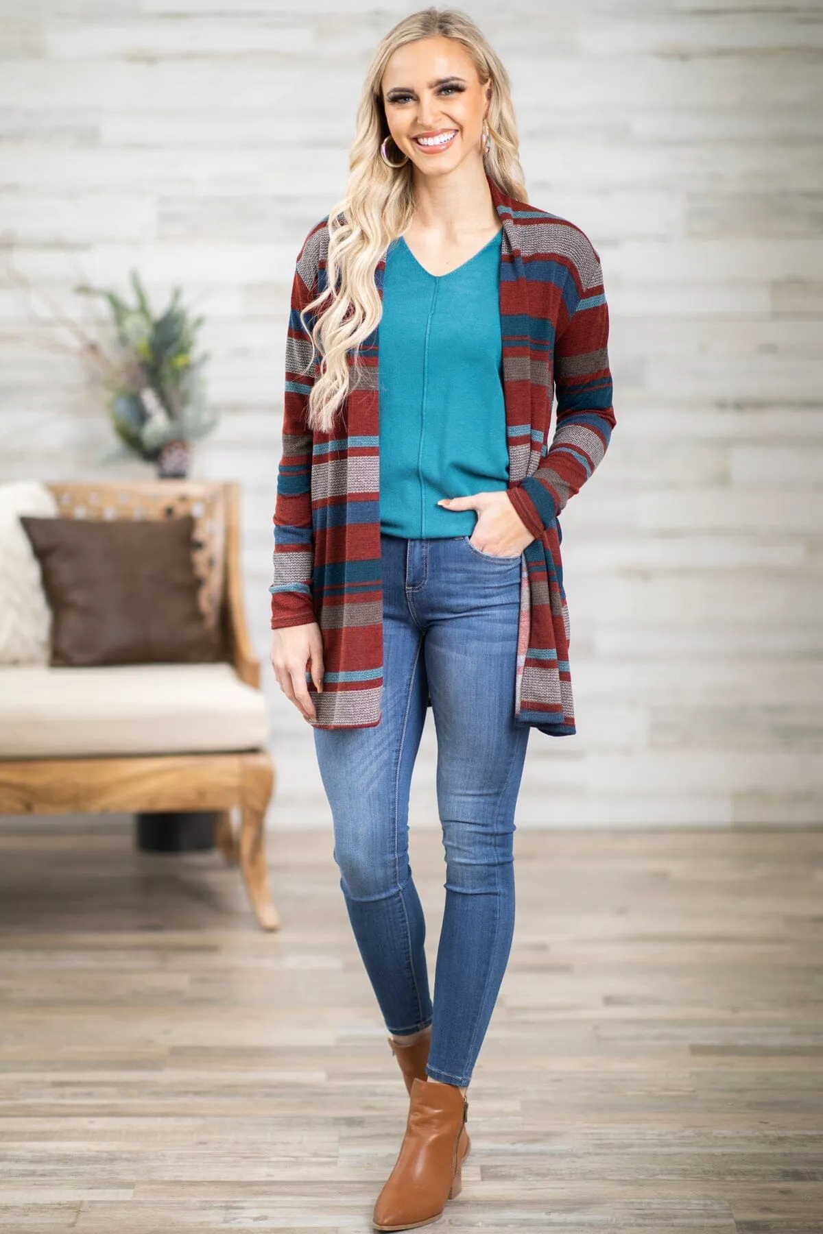 Cranberry and Blue Stripe Cardigan