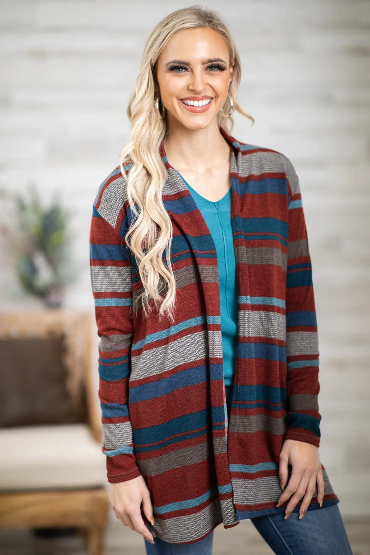 Cranberry and Blue Stripe Cardigan