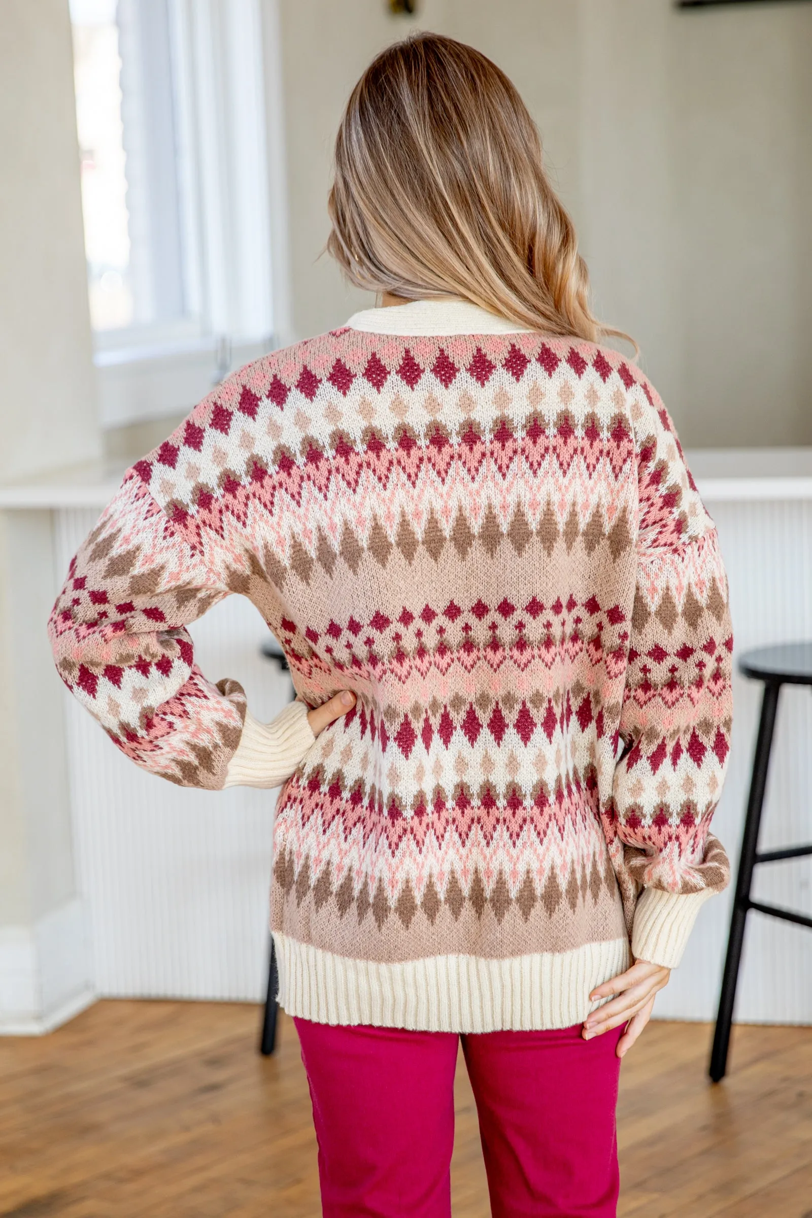 Cream and Berry Aztec Print Cardigan