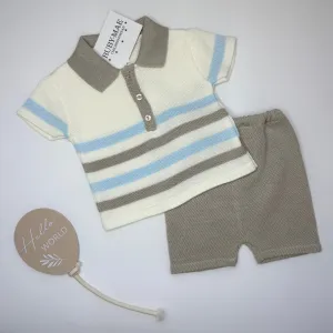 Cream With Brown & Blue Stripe Knitted Top & Shorts Outfit - Charlie